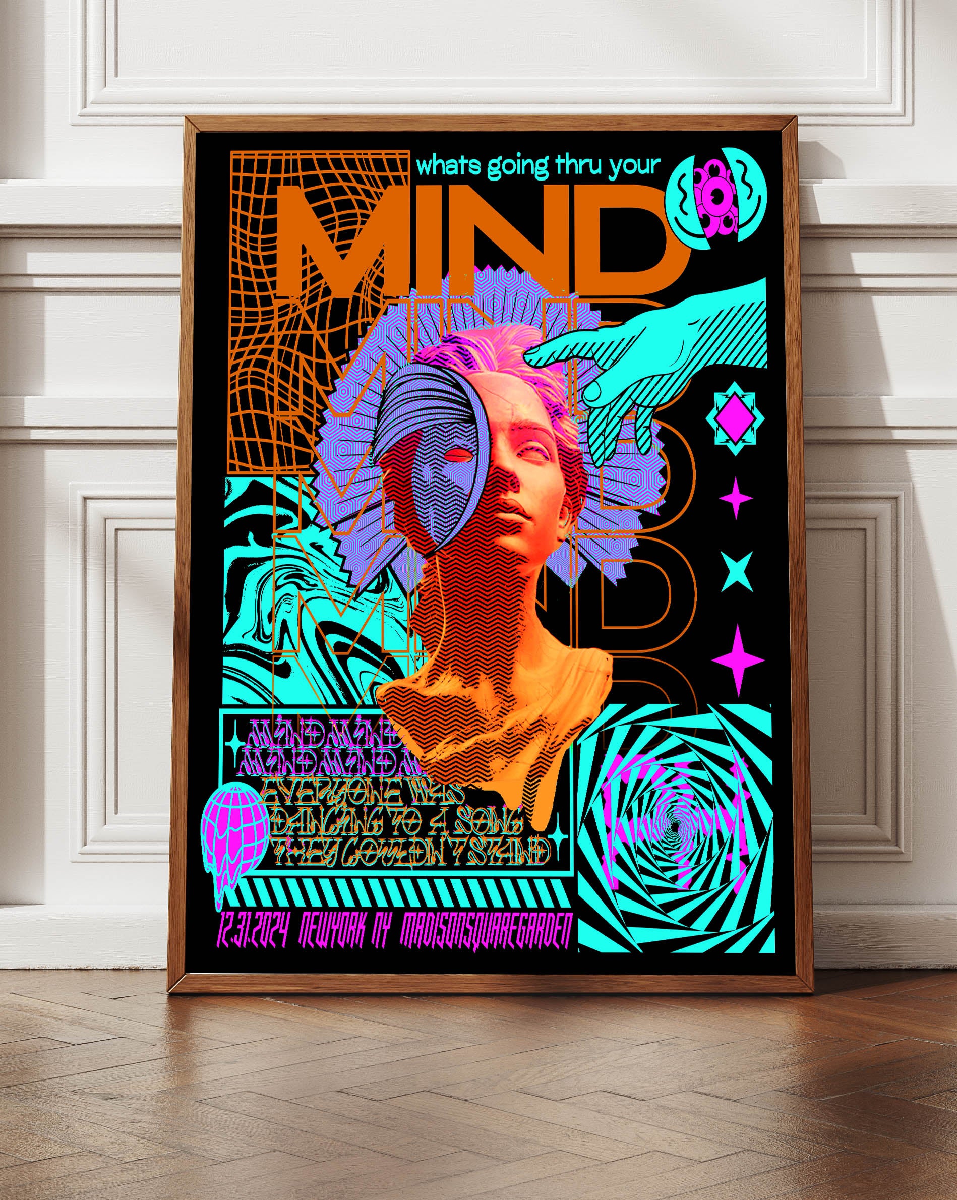 New Years Eve (rave flyer) Print in Orange/Light Blue